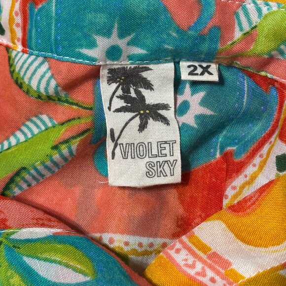 Violet Sky Tropical Patchwork Blouse Women’s 2X Colorful Palm Tree Print Shirt - Picture 8 of 11